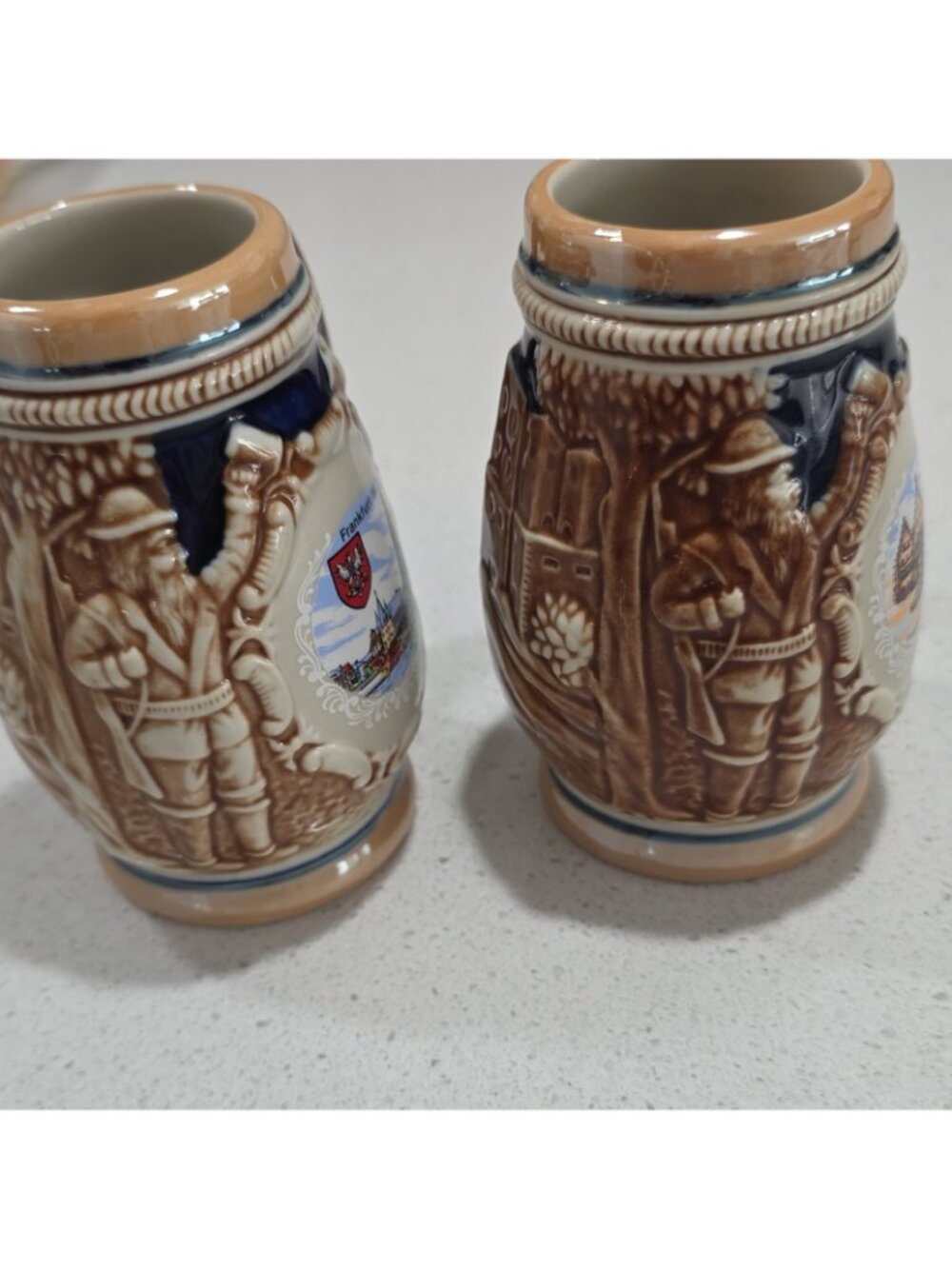 Set of 2 German Frankfurt am Main Ceramic Beer Mugs/Steins Embossed Town Scene - Picture 4 of 6